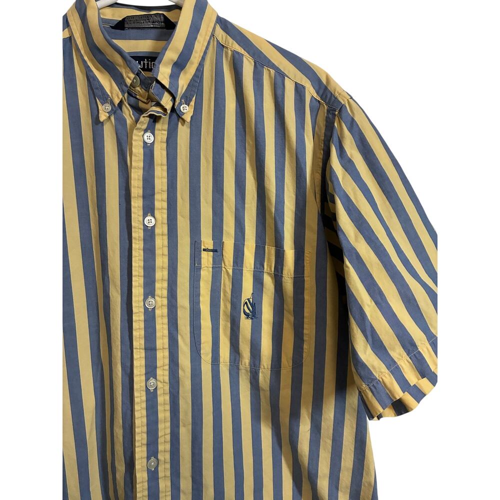Nautica Button Front Shirt Men’s Medium Blue Yellow Striped Short Sleeve Cotton